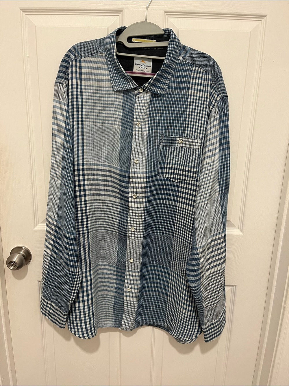 NWOT Tommy Bahama Jeans Long Sleeve Linen Shirt Blue Plaid Patchwork Design XXL